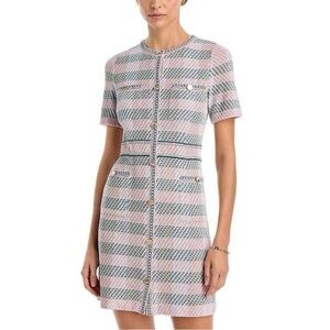 MISOOK Bold Plaid Tweed Knit Sheath Dress Mini Jewel Neck Gold Buttons Preppy XL